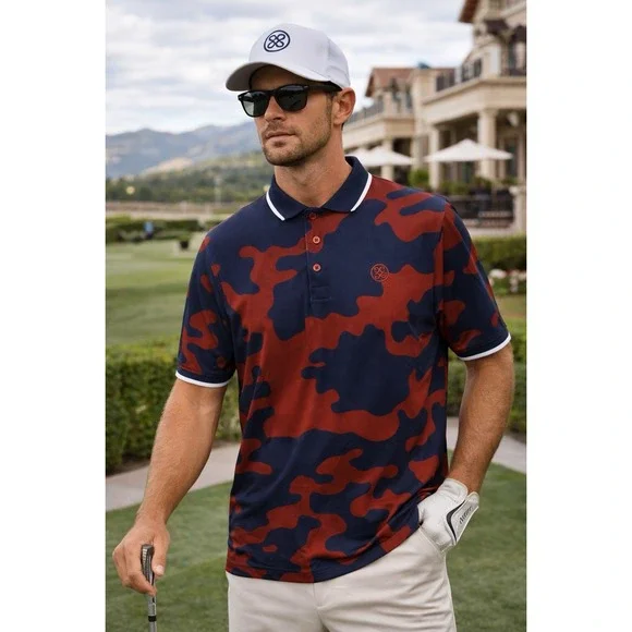 G Fore Men Polo Shirt L Burgundy Navy Camo Performance Stretch Golf Luxe